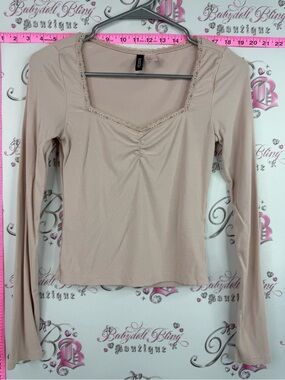 Divided long sleeve Ribbed Lace-Trim Square Neck Long Sleeve Top - Blush